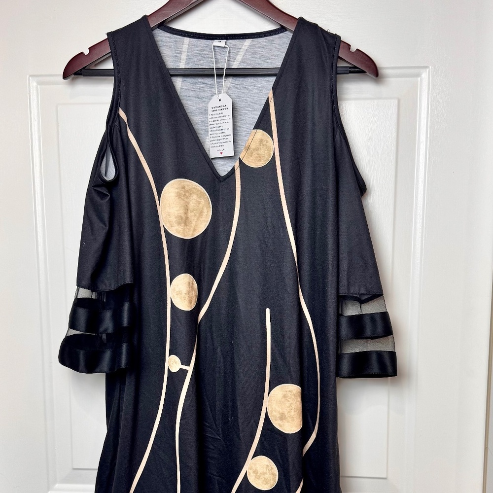 NWT V-Neck Flare Sheer Sleeves Mini Dress Black Gold w Cut Out Shoulders Sz Med
